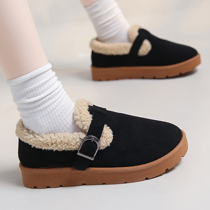 Women'S Warm Fleece-Lined Ankle Slippers, Solid Color, Round Toe, Fabric Upper/Inner, Rubber Sole, Cozy Winter Footwear