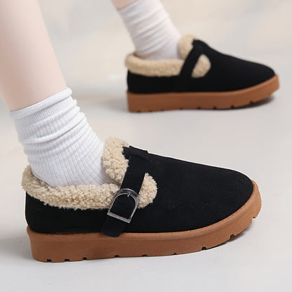 Women'S Warm Fleece-Lined Ankle Slippers, Solid Color, Round Toe, Fabric Upper/Inner, Rubber Sole, Cozy Winter Footwear