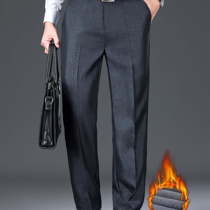 Men'S Solid Color Polyester Dress Pants - Fall/Winter Warm Fleece-Lined Thickened Straight-Leg Trousers with Slant Pockets, Regular Fit, Non-Stretch Woven Fabric, Long Length