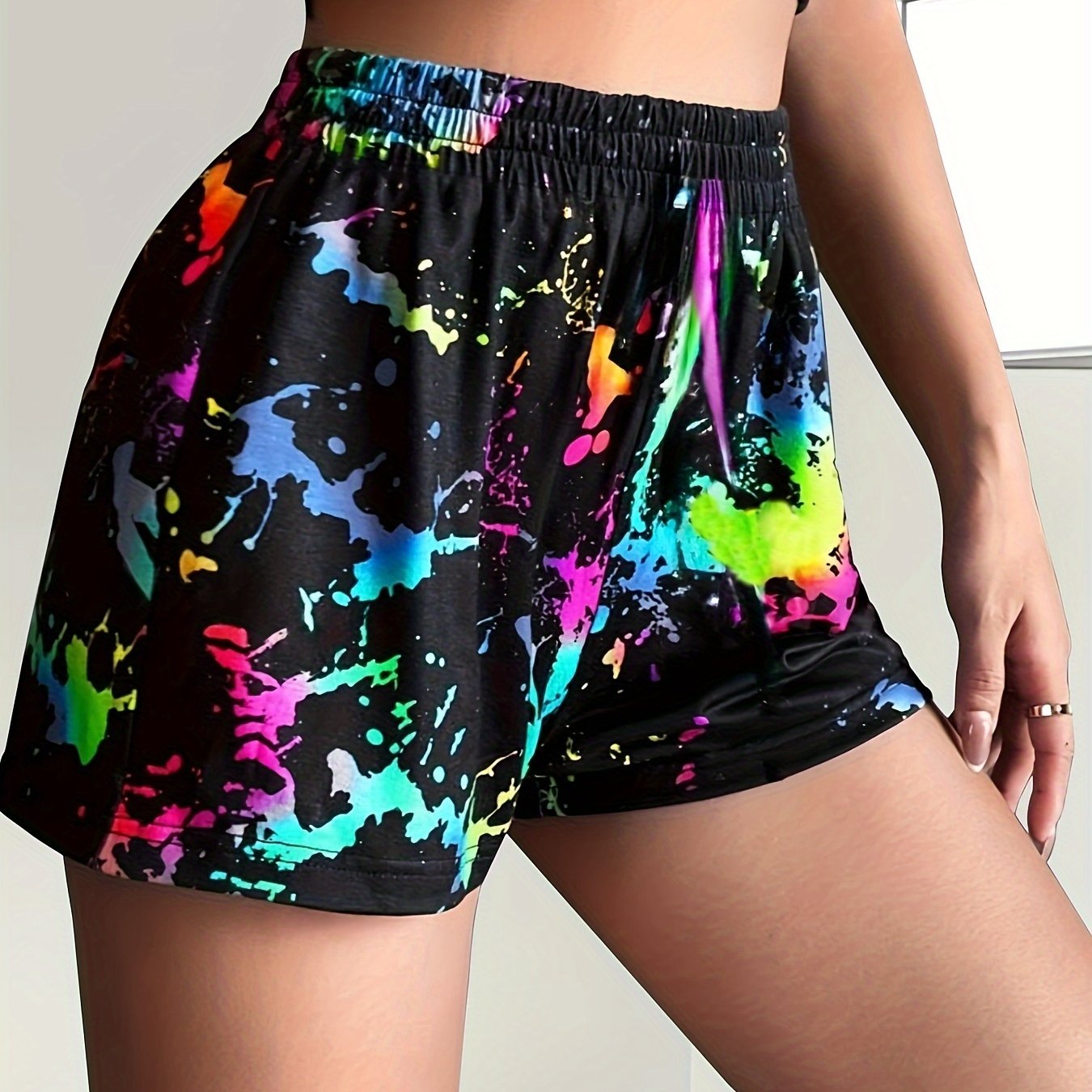 Patchwork Print Elastic Waist Shorts, Casual Skinny Shorts For Spring & Summer, Women's Clothing