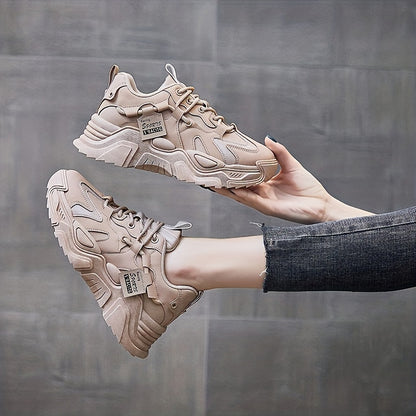 Women's Fashion Chunky Sneakers, All-Season Lightweight Lace-Up Sports Shoes with Breathable Mesh, Solid Color Low Top Casual Dad Shoes, PU Upper, Fabric Inner & EVA Sole