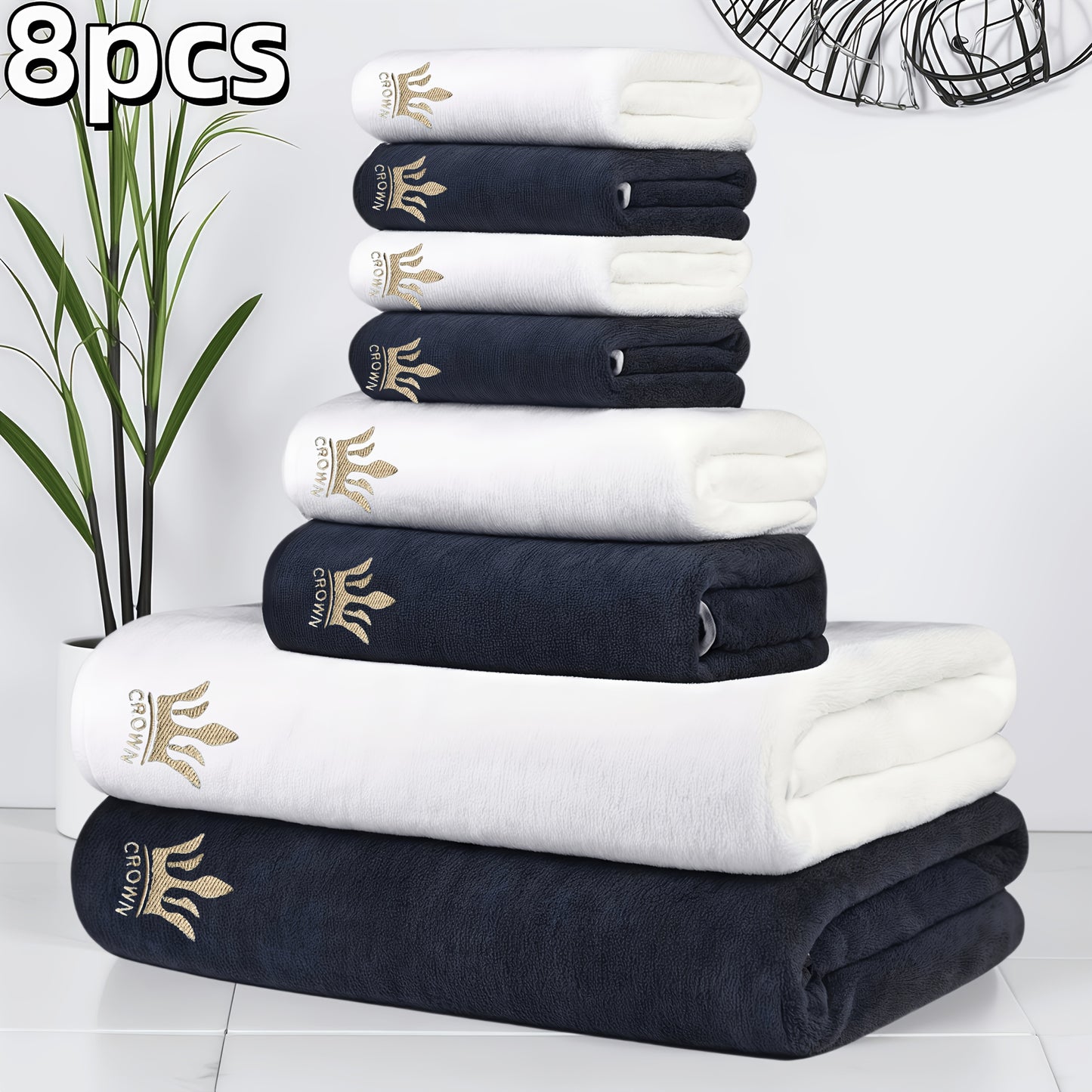 8pcs Super Soft Coral Bath Towel Set, Crown Embroidery, 2pcs 70 X 140Cm Bath Towels, 2pcs 42 X 70 Cm Hand Towels, 4pcs 35 X 35 Cm Washcloths, Quick-Drying, Fast-Absorbing, Lightweight, Perfect for Home, Hotel And Spa Use, Out - ayq