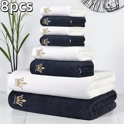 8pcs Super Soft Coral Bath Towel Set, Crown Embroidery, 2pcs 70 X 140Cm Bath Towels, 2pcs 42 X 70 Cm Hand Towels, 4pcs 35 X 35 Cm Washcloths, Quick-Drying, Fast-Absorbing, Lightweight, Perfect for Home, Hotel And Spa Use, Out - ayq