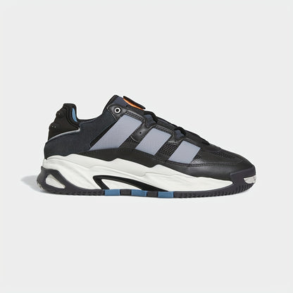 Adidas Niteball Low-Top Sneakers for Men  Women - Striped Casual Shoes with Genuine Leather Upper, Breathable Fabric Lining  Rubber Sole, Black/Blue/Orange Accents (FZ5742), Athletic Footwear, Modern Triptych Design, Durabl