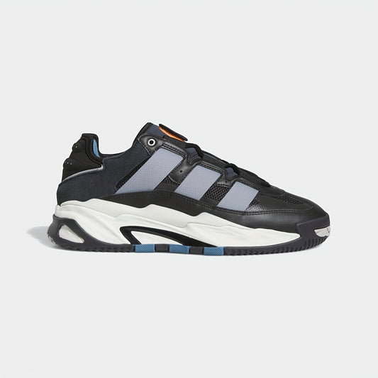 Adidas Niteball Low-Top Sneakers for Men  Women - Striped Casual Shoes with Genuine Leather Upper, Breathable Fabric Lining  Rubber Sole, Black/Blue/Orange Accents (FZ5742), Athletic Footwear, Modern Triptych Design, Durabl