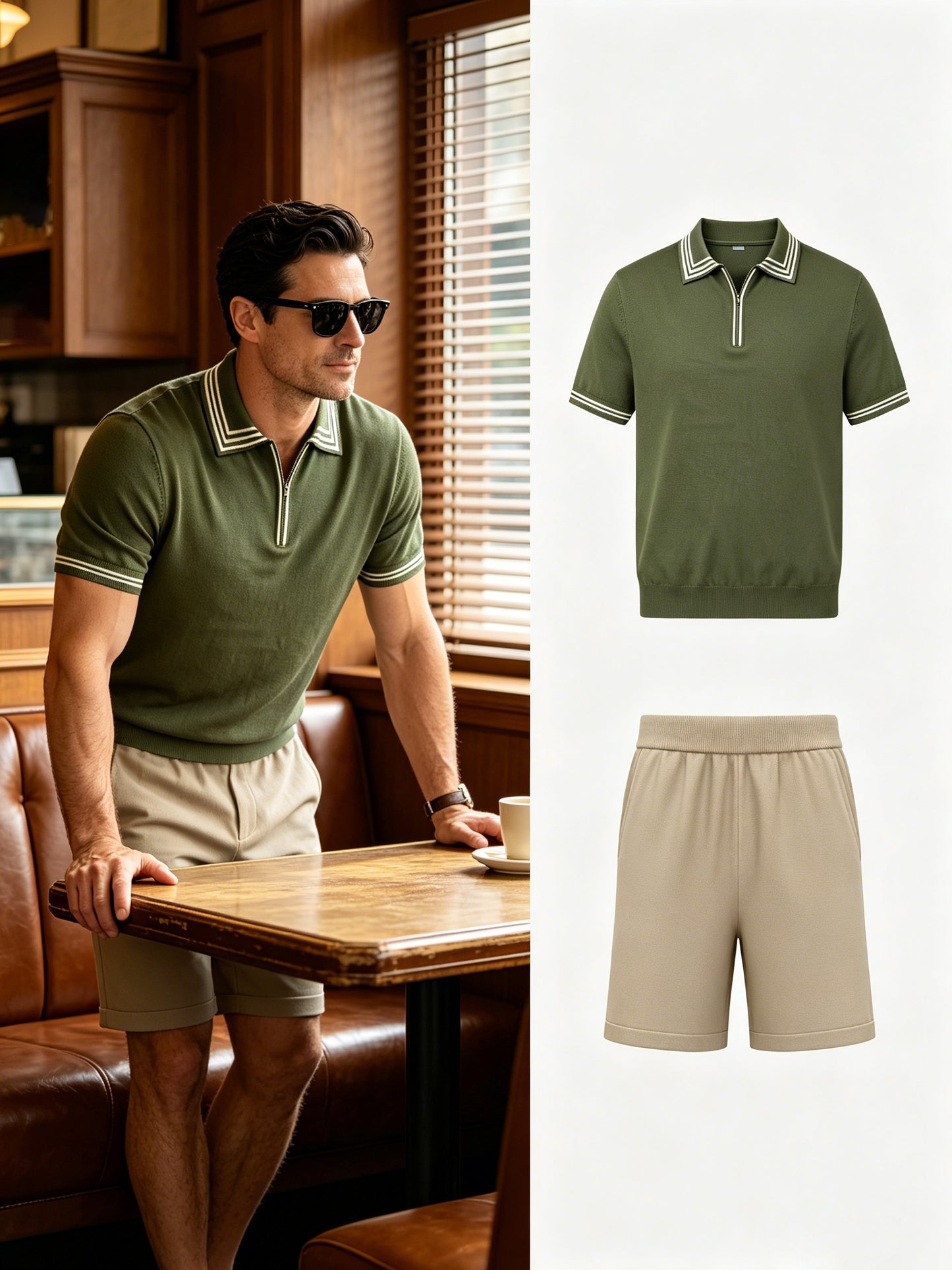 Men's Casual Striped Knit Polo & Lightweight Shorts Set