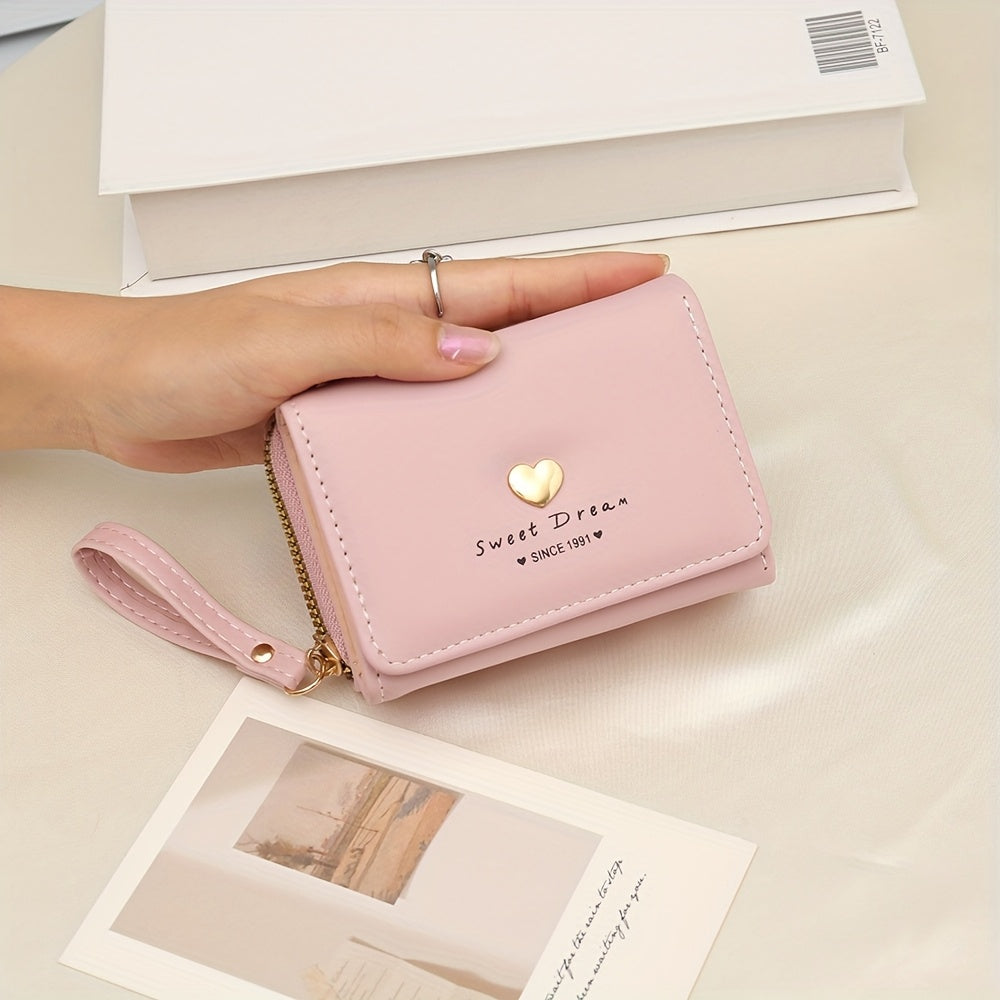 New Women'S Short Wallet, Cute Korean-Style Heart-Shaped, Large Capacity with Multiple Card Slots, Trendy Tri-Fold Design.