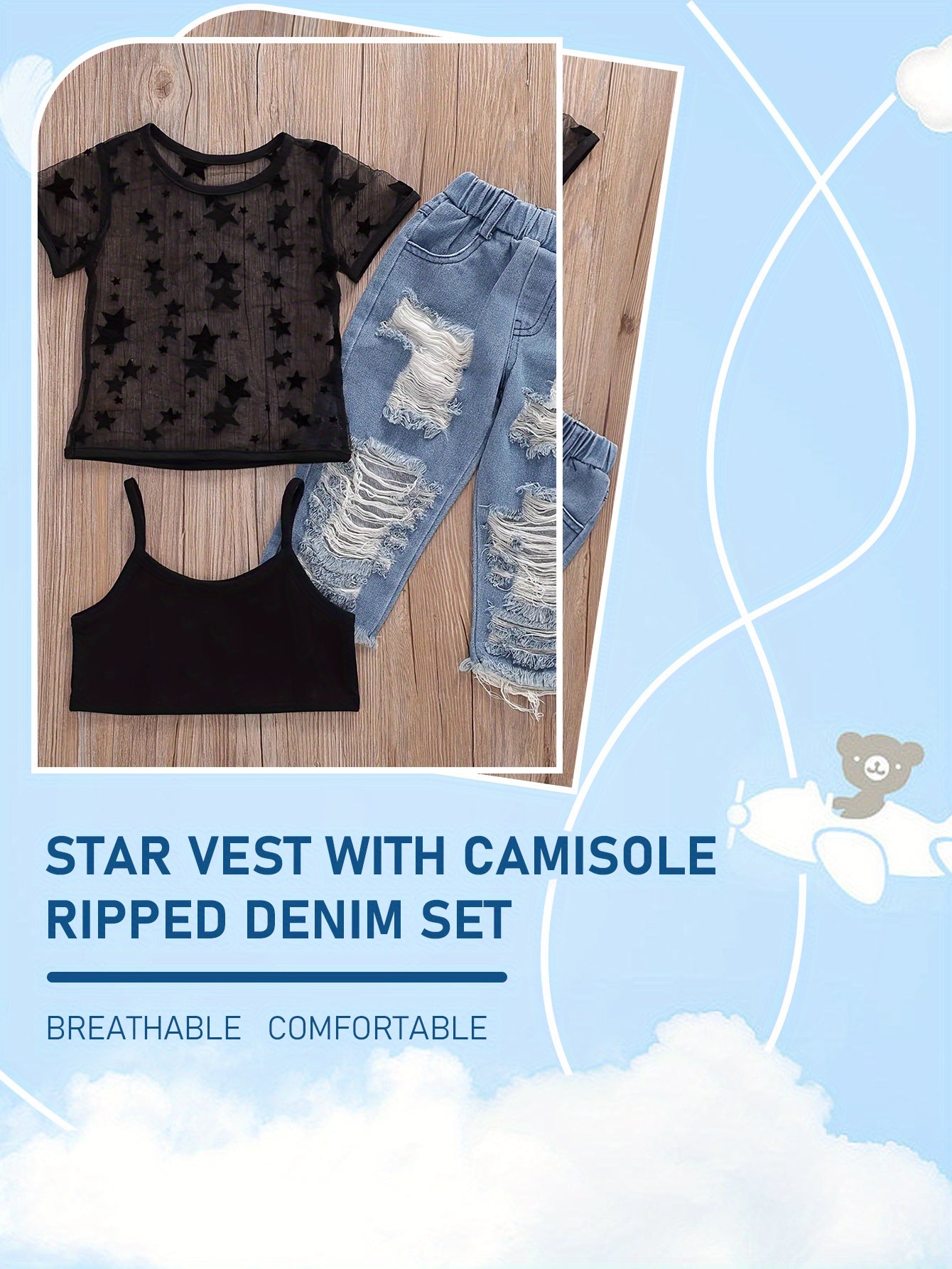 Girls Casual Cami Cropped Top &amp; Mesh Star Print T-shirt և ջինսե ջինսե հավաքածու ամառային բացօթյա համար