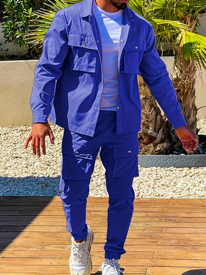 Men'S Casual Polyester Suit Set, Solid Color, Non-Stretch, Regular Fit, with Lapel Collar, Pocket Details, for Hiking, Daily Wear, and Special Occasions, Spring/Fall, Fall/Winter