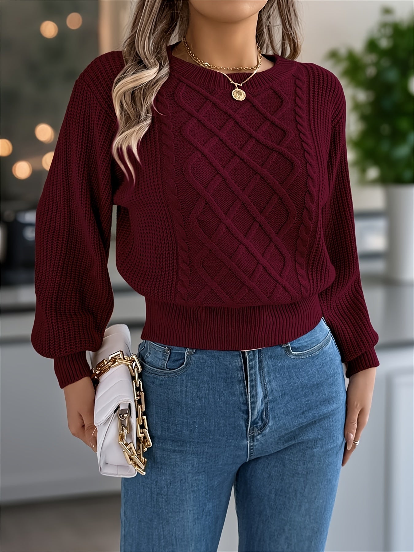 Elegant Cable Knit Sweater for Women - Casual Long Sleeve, Round Neck Pullover in Solid Color, Perfect for Fall/Winter