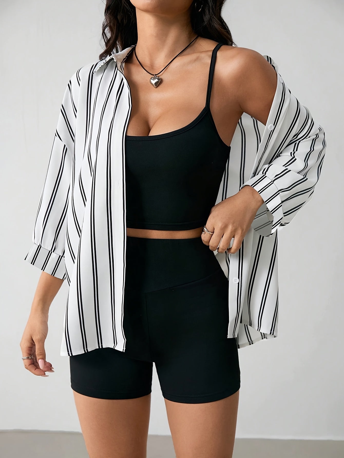 Women's Striped Shirt and Black Pants 3-Piece Set for Spring/Summer