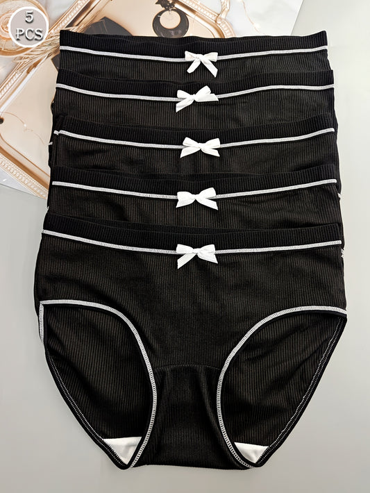 5pcs Chic Black Mid-Rise Women's Briefs with Cute White Bow Detail - Comfortable, Breathable & Sexy Ribbed Polyester Blend Panties, Hand Washable