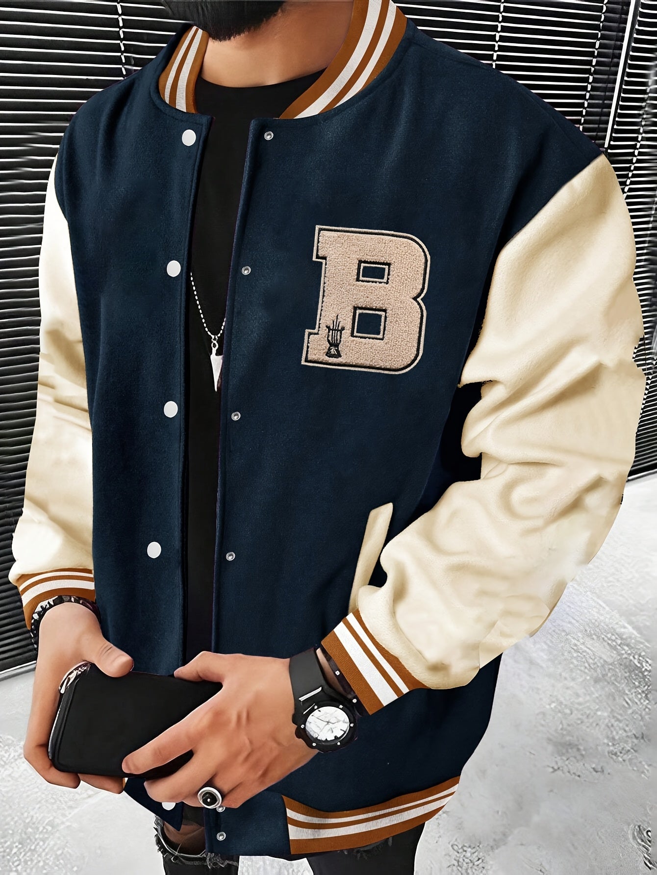 Men'S Baseball Jacket with Letter B Lettering - Navy & Golden Accent Casual Streetwear, Button-Front Closure, Regular Fit Fall/Winter Outerwear, Baseball Jacket