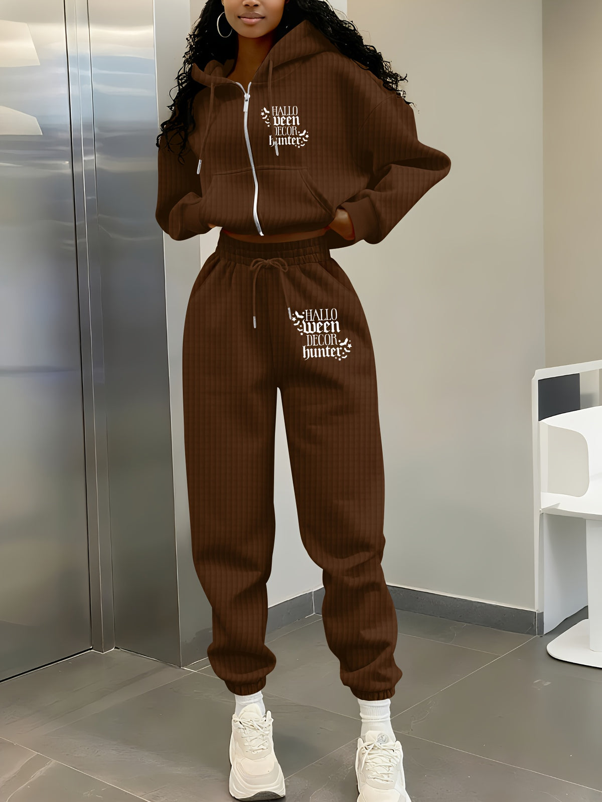 Women's Casual Waffle Knit Hoodie and Pants Set for Fall/Winter