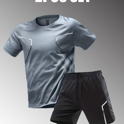 2pcs Men's Summer Sportswear Set - Comfortable Polyester Crew Neck T-Shirt & Black Drawstring Shorts with Side Stripe, Casual Style, Easy Care, Athletic Shorts