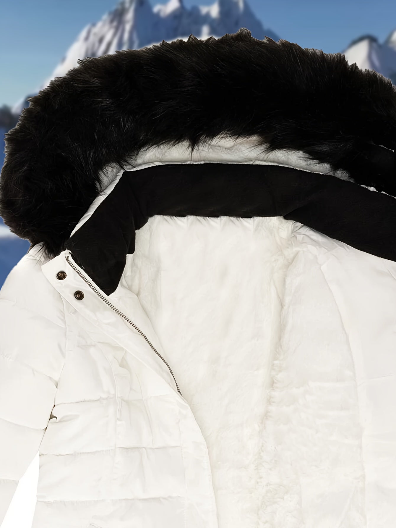 Կանացի էլեգանտ սպիտակ ձմեռային կարված բաճկոն՝ սև մորթե գլխարկով, կայծակաճարմանդով գրպաններով և բրդյա աստառով - ոճային կարճ վերարկու ցուրտ եղանակի համար, ձմեռային վերարկուներ