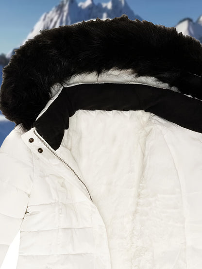 Կանացի էլեգանտ սպիտակ ձմեռային կարված բաճկոն՝ սև մորթե գլխարկով, կայծակաճարմանդով գրպաններով և բրդյա աստառով - ոճային կարճ վերարկու ցուրտ եղանակի համար, ձմեռային վերարկուներ