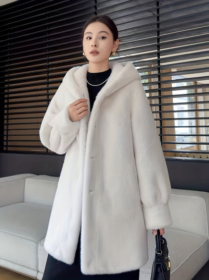 Women's Oversized Faux Fur Coat with Plush Collar & Full-Length Fur Trim - Winter Warm A-Line Mid-Length Jacket, Machine Washable Large Size Winter Coat for Women, Elegant Outerwear for Casual & Formal Events (Solid Black, Br