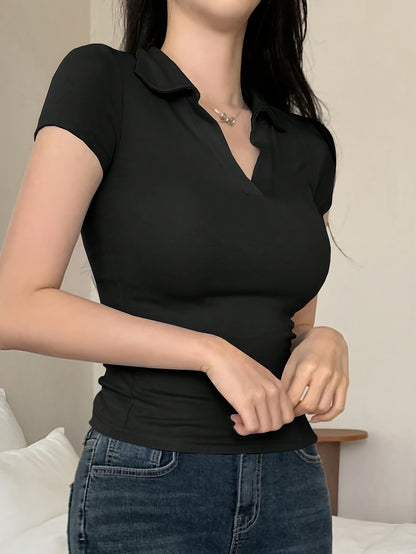 [Sleek Fit] Women's Slim Fit Short Sleeve Shirt - Elegant Black V-Neck Tee, Stretchy Polyester Blend, Machine Washable, Perfect for Spring/Summer/Fall, Short Sleeve Blouses
