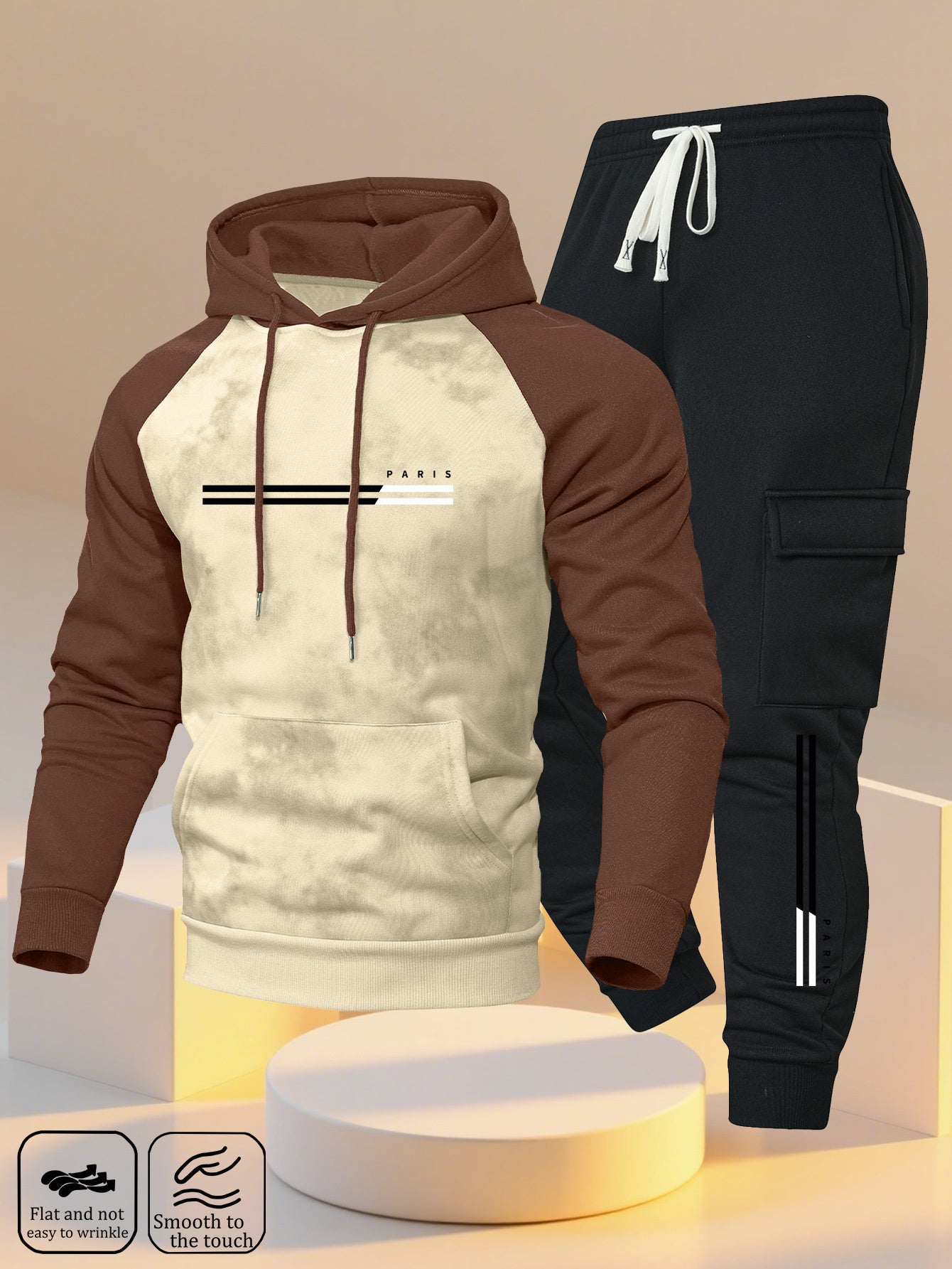 A New Trendy Color-Blocked Hoodie with Raglan Sleeves And Loose-Fitting Cargo Pants Featuring Multiple Pockets, Perfect for Casual Everyday Wear. This Breathable Hoodie And Loose Long Pants Set Comes in a Two-Piece Print Desi