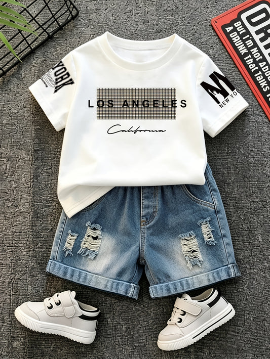 Summer Boys Los Angeles Print T-Shirt & Distressed Shorts Set