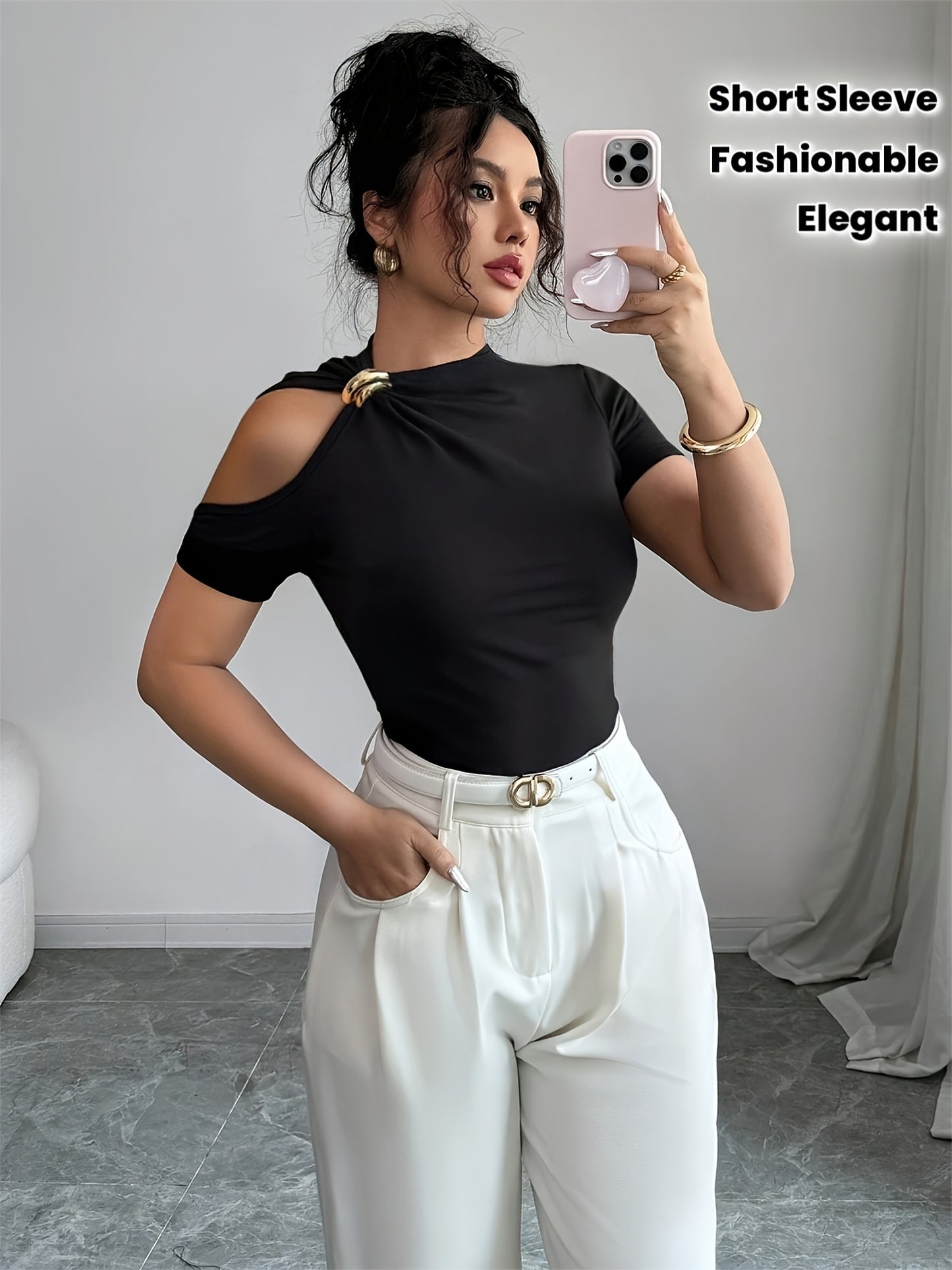 Elegant Women’s Short-Sleeve T-Shirt with Metal Buckle Collar - ayq