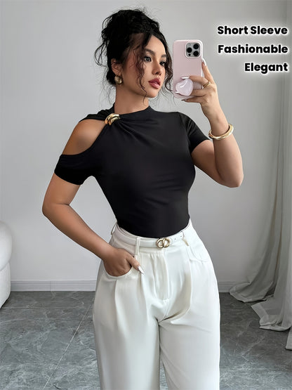 Elegant Women’s Short-Sleeve T-Shirt with Metal Buckle Collar - ayq