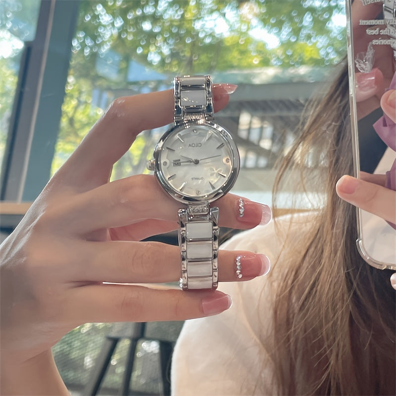 Elegant Women's Quartz Watch with Ceramic Band and Stainless Steel Cas