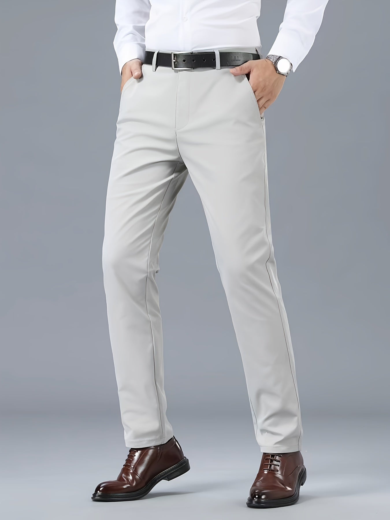 Men's Classic Business Casual Pants - Polyester, Solid Color, Regular Fit for All Seasons