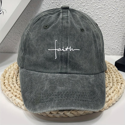 Vintage Street Style Water Wash Denim Polyester Baseball Cap, Faith Print, for Men, Women