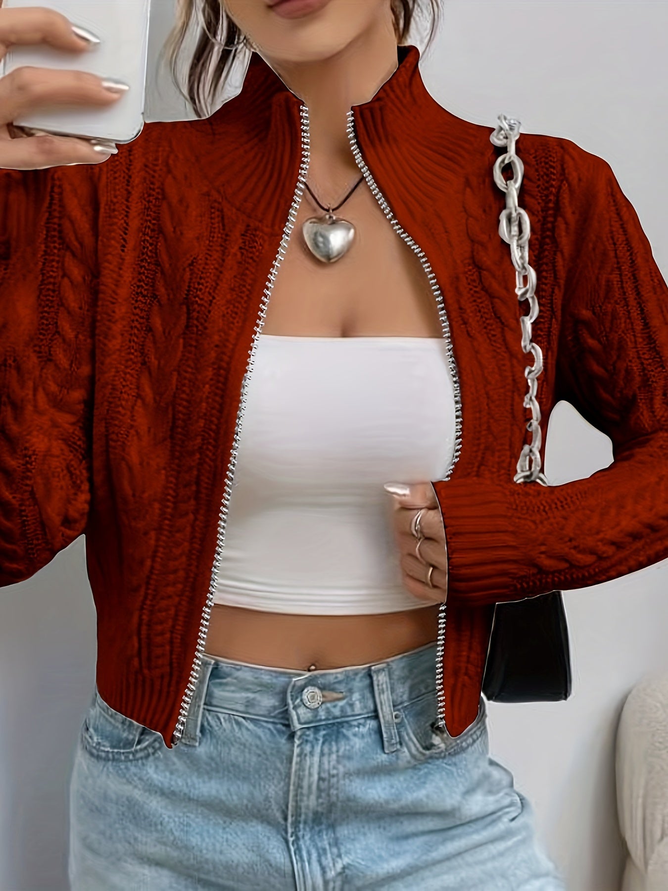 Women's Elegant Zip-Up Cable Cardigan with Stand Collar - Machine Washable Spring/Fall Jacket, White Solid Color, Braided Design & Zipper Front for Casual or Dressy Outfits, Cardigan Sweater, Autumn Layering Piece, Spring Out