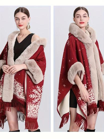 Մեծ չափսի կանացի էլեգանտ կարմիր և բեժ Սուրբ Ծննդյան թիկնոց - գլխարկով ձմեռային թիկնոց, ոչ ձգվող գործվածքով, տոնական երեկույթների, Նոր տարվա գիշերվա, ամենօրյա ձմեռային հանդերձանքների համար - էլեգանտ հատուկ գիծ, ​​սեզոնային նորաձևություն, ոճային եռանկյունաձև