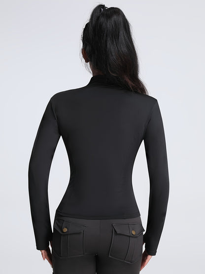 Women's Sleek Black Athletic Zip-Up Jacket - Comfortable Stretch Knit, Long Sleeve, Thumb Holes, Machine Washable - Perfect for Fitness & Casual Wear