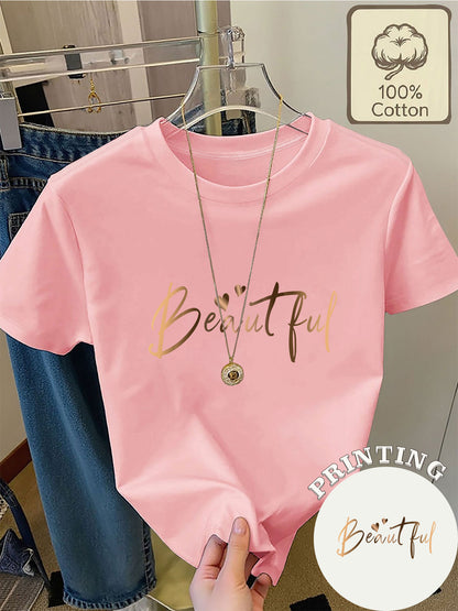 Women's Cotton Summer T-Shirt with 'Beautiful' Print and Hearts
