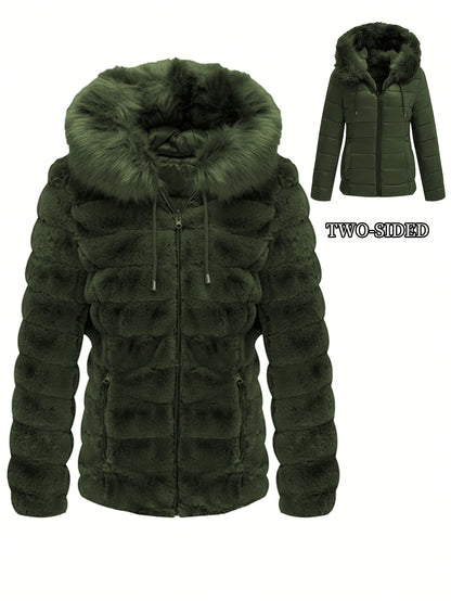 Women'S Heavyweight Winter Coat - Dual-Sided Reversible Jacket with Full-Zip Front, Hooded Collar, Two-Way Zipper Closure - Warm Outerwear for Cold Weather, Office, Travel - Elegant Brown Coat (Size & Wash Label in Pocket), L