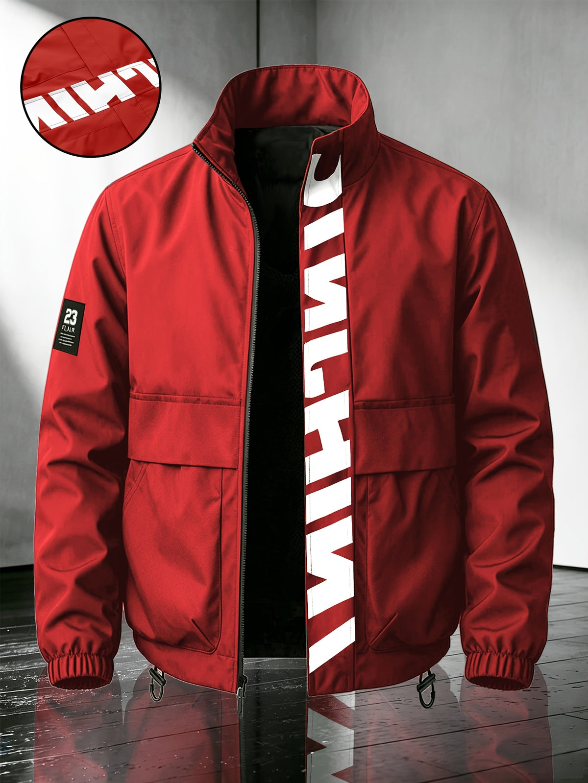 Men's Casual Polyester Bomber Jacket with Stand Collar