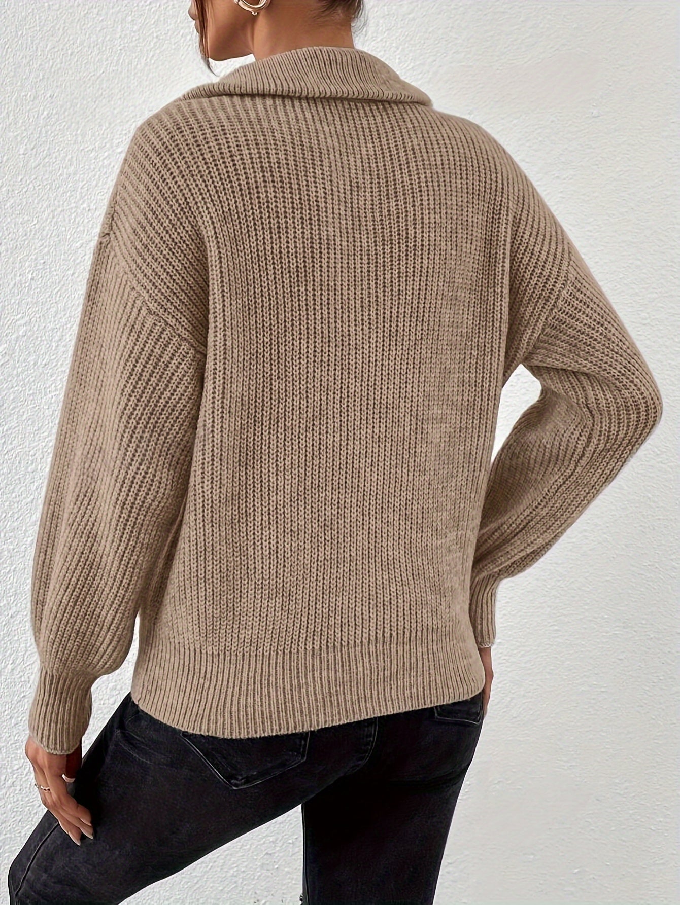 Women's Elegant Half-Zip Solid Color Polyester Sweater