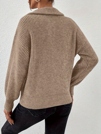 Women's Elegant Half-Zip Solid Color Polyester Sweater