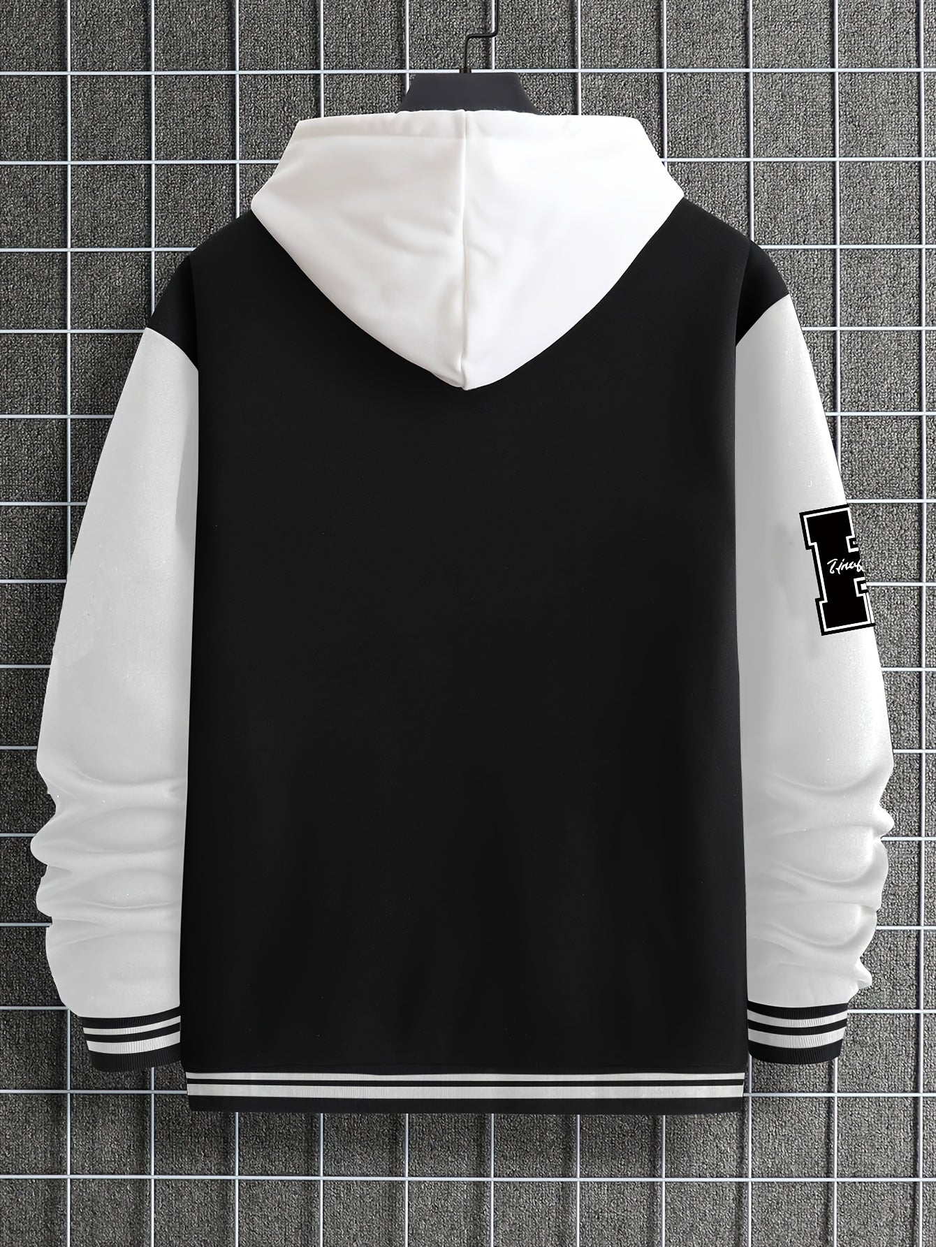 Men's Fashionable R-Letter Patchwork Casual Street Style Baseball Jacket - Polyester, Maroon & Black with White Stripes, Button Closure, with Pockets