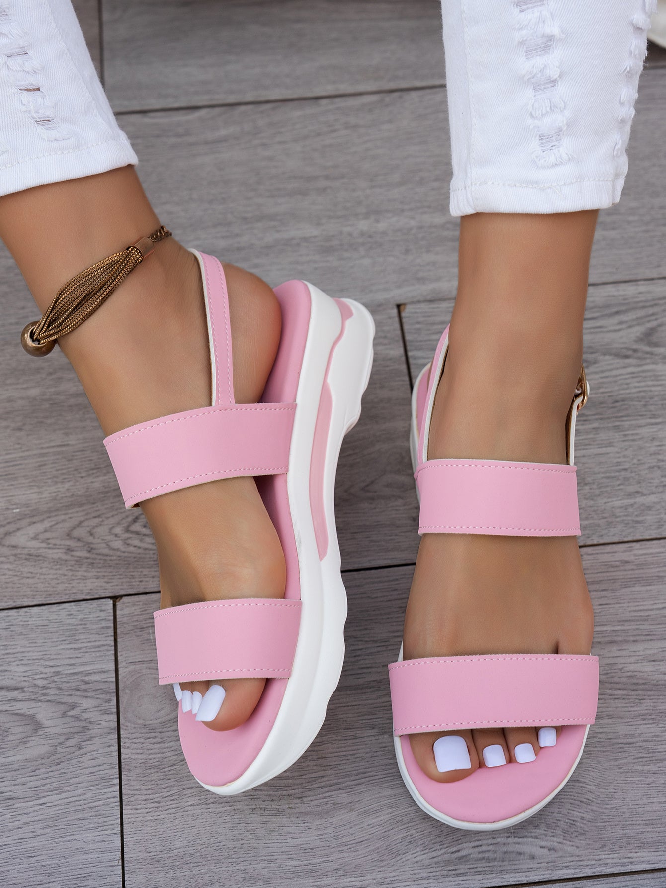 Mhysa Women's Comfortable Open-Toe Platform Sandals with Thick Sole & Golden Buckle Strap - Summer Casual White PU Cover Ankle Strap Sandals for Casual Attire, Ladies Sandals