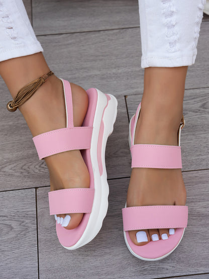 Mhysa Women's Comfortable Open-Toe Platform Sandals with Thick Sole & Golden Buckle Strap - Summer Casual White PU Cover Ankle Strap Sandals for Casual Attire, Ladies Sandals