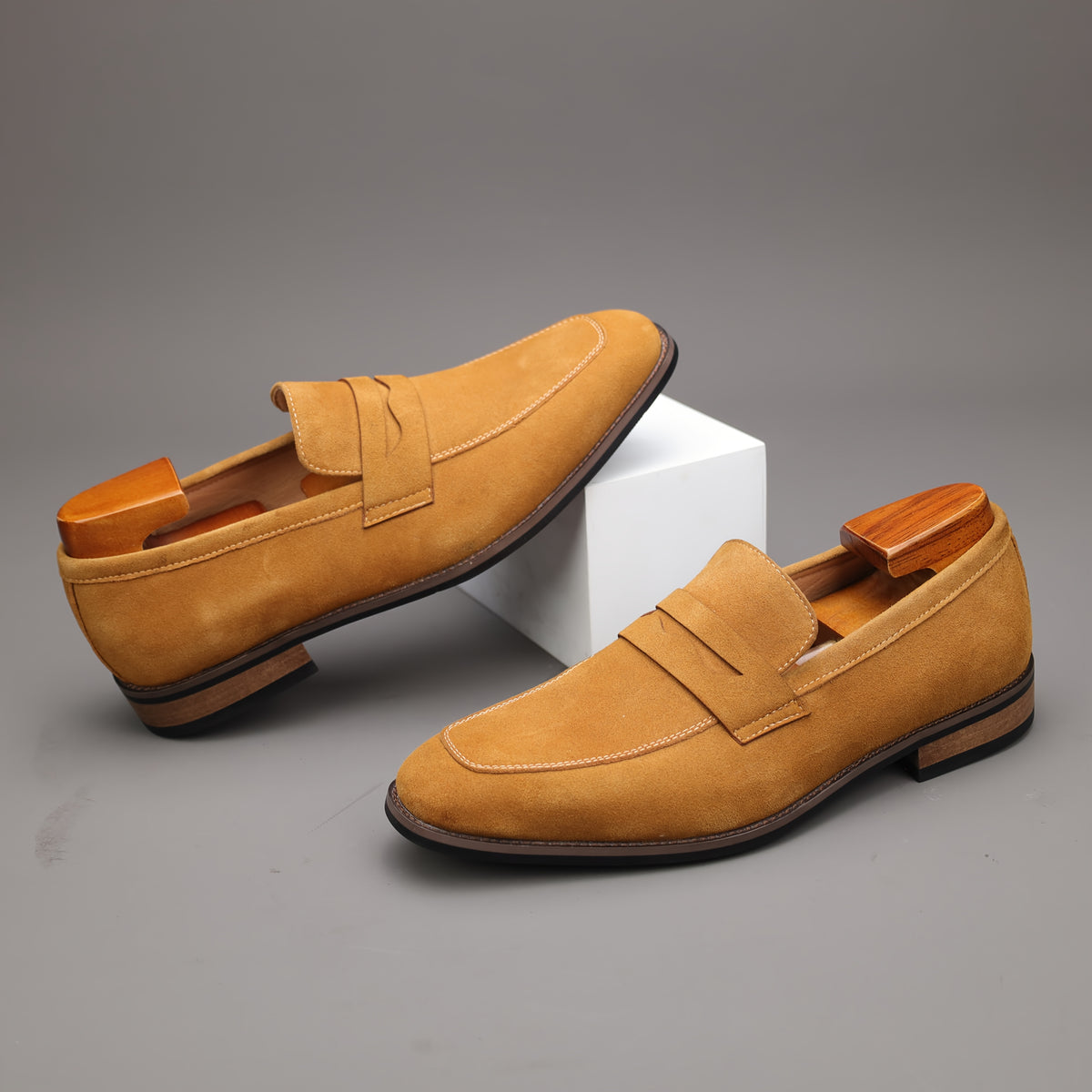 Men's Top Grain Suede Penny Loafers with Non-Slip Rubber Sole