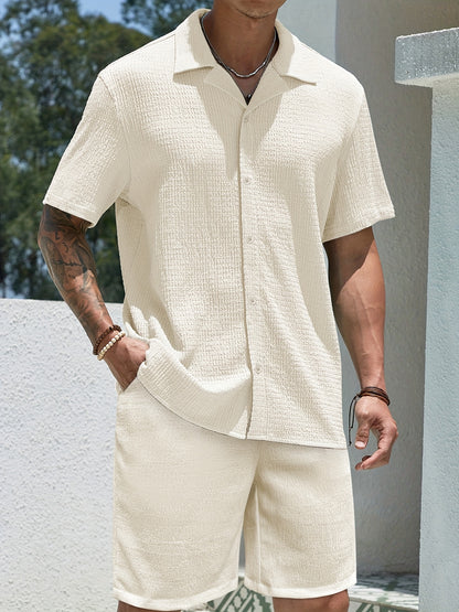 2025 spring and summer new small checkered texture shirt and shorts suit, casual solid color suit collar short-sleeved shirt and shorts Men's 2pcs suit, summer light top and pants Men's beach suit, daily outing, casual travel