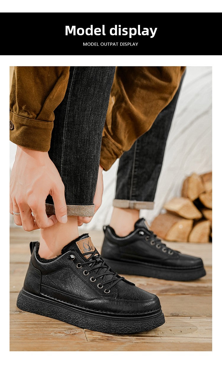 Men's Winter Warm PU -Like Hiking Sneakers with Plush -Like, EVA Cushioned Sole & Rubber Traction Tread - Low-Top Lace-Up Outdoor Shoes for Ice, Snow, Casual Wear (Black/Brown) - Cold Weather