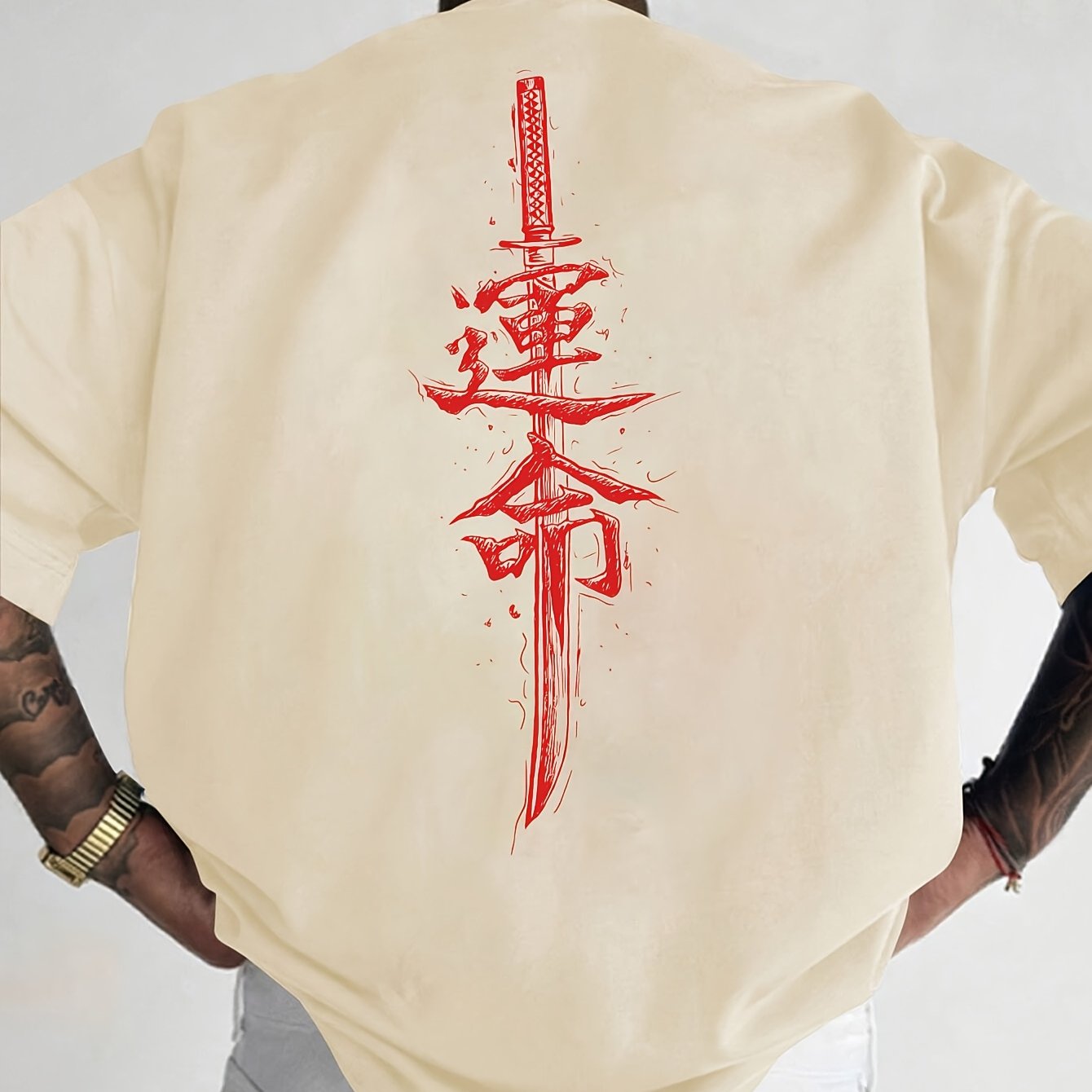 Men'S Japanese Samurai Sword Graphic T-Shirt - Casual Loose Fit Crew Neck, Short Sleeve Tee with Red Stylized Japanese Katanas Design, Breathable Polyester for Spring  Summer Outdoor Wear