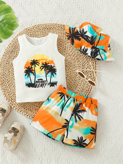Boys' Summer Vacation Vest, Shorts & Hat Set with Coconut Tree Print