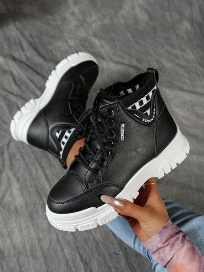 gfhfgjjfg Women's Casual High-Top Platform Ankle Boots with Lace-Up Closure, Thick Rubber Sole & Faux Cover Upper - Winter Warm Round Toe Boots for Casual Attire (Black/White/Beige), Comfortable Footwear, Durable Traction Foo
