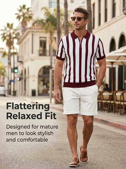 Men's Striped Half-Zip Knit Polo & Elastic Waist Shorts Set