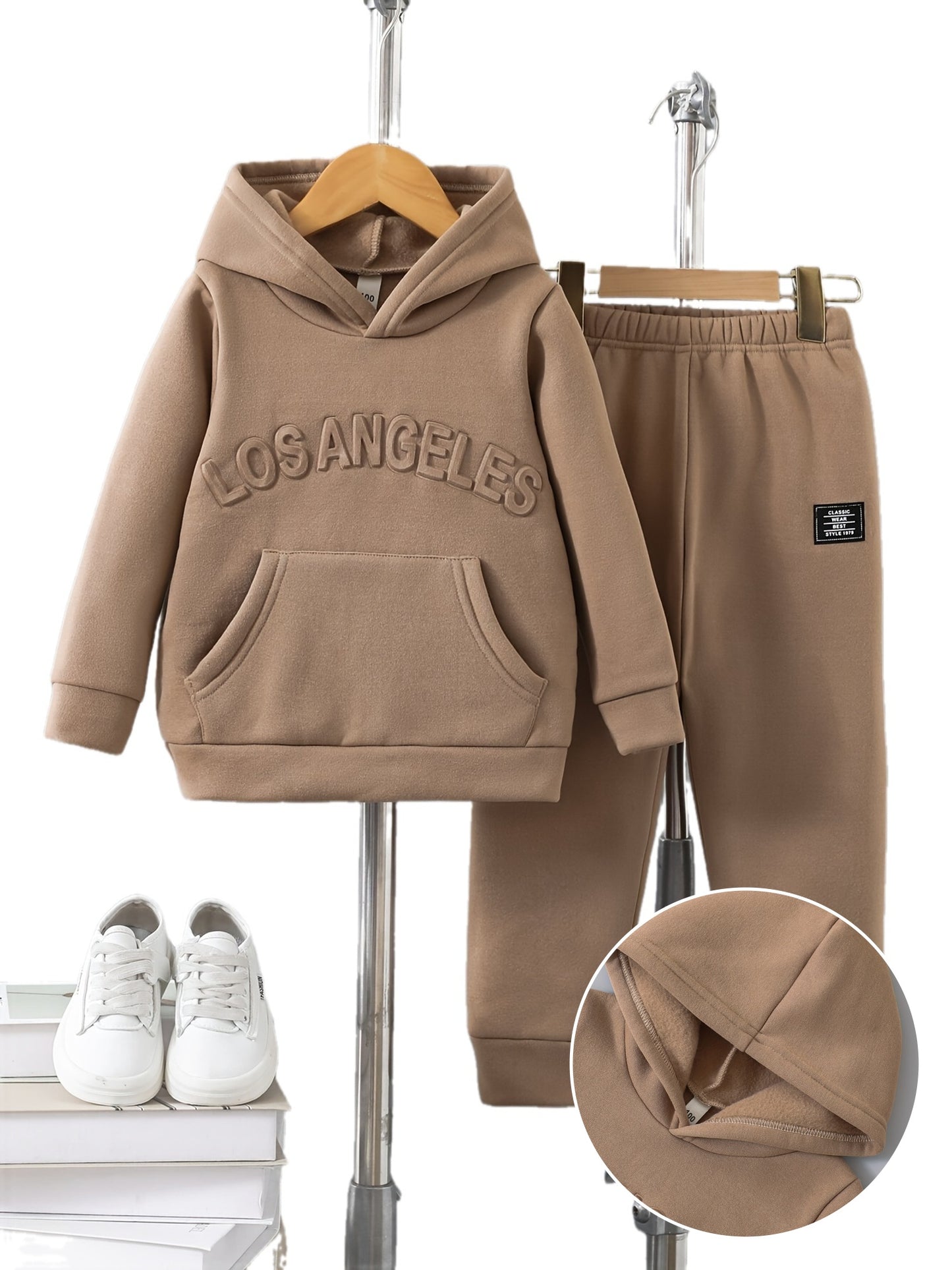 Casual Long Sleeve Hoodie & Joggers Warm Set, LOS ANGELES Letter Embossed Design, 2-piece Boys Co Ord Set For Winter Fall Daily And Outdoor Wear