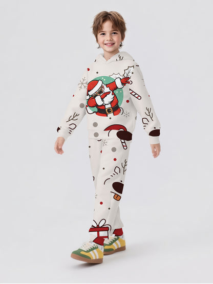 2pcs Boys' Hooded Sweatshirt Set with Santa Claus & Reindeer Print - Cozy Fall/Winter Casual Sportswear, Regular Fit, Ideal for Outdoor Activities & Holiday Gifts, Perfect for Outdoor, Clothes For Boys, Boy Tracksuit Set